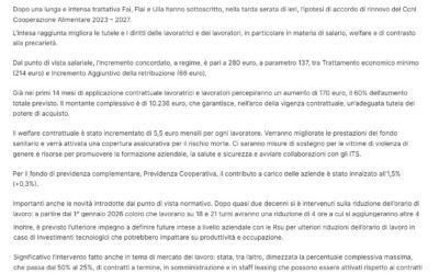 Ipotesi di accordo di rinnovo del Ccnl Cooperazione Alimentare 2023 – 2027.