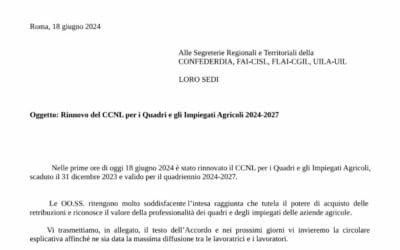 Rinnovo del CCNL per i Quadri e gli Impiegati Agricoli 2024-2027